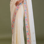Cream Georgette Embroidery Saree With Scallop Border