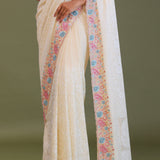 Cream Georgette Embroidery Saree With Scallop Border