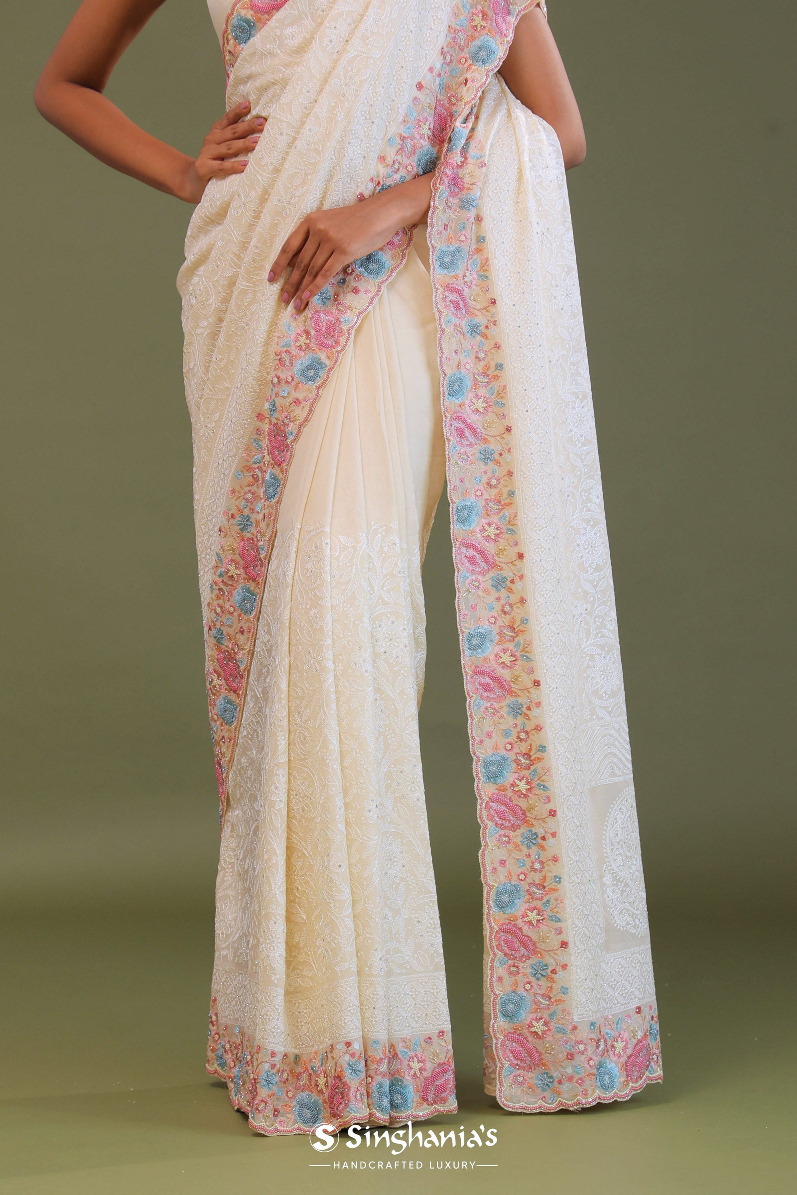 Cream Georgette Embroidery Saree With Scallop Border