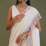 Cream Georgette Embroidery Saree With Scallop Border