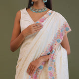 Cream Georgette Embroidery Saree With Scallop Border