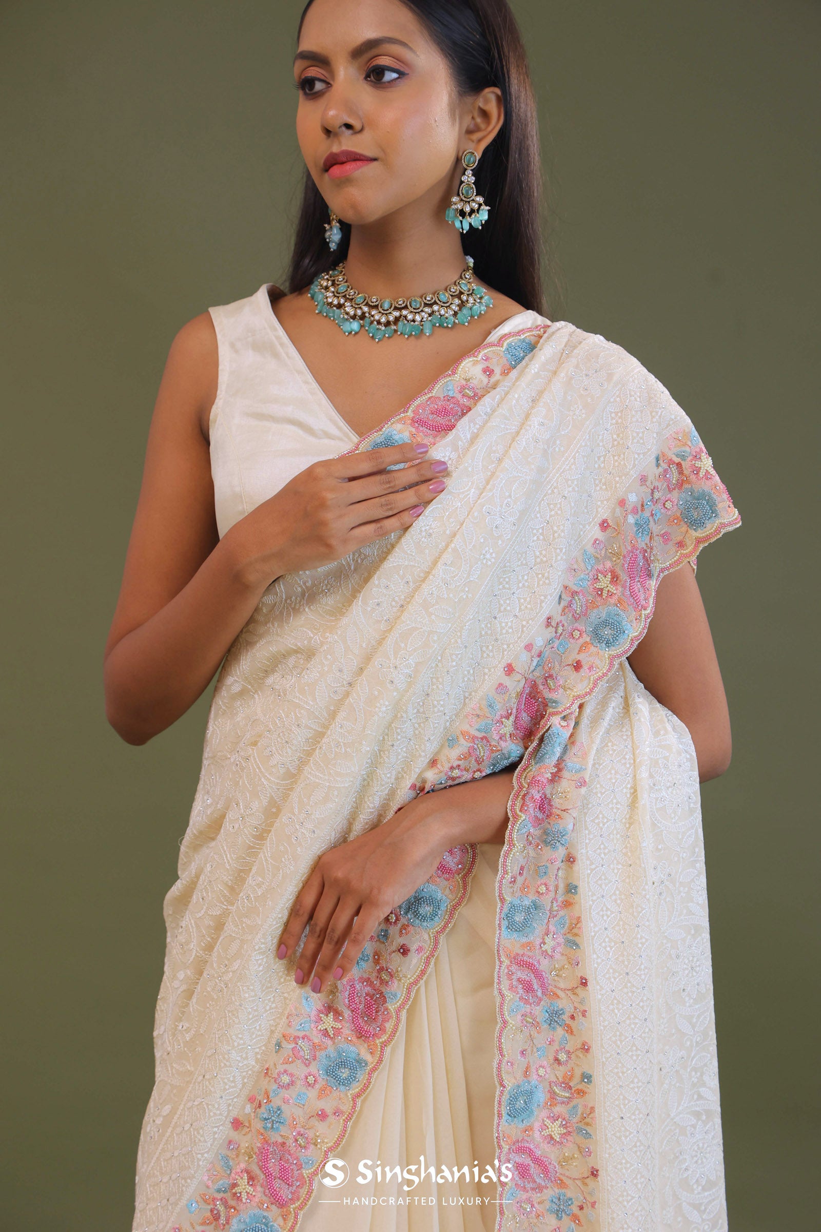 Cream Georgette Embroidery Saree With Scallop Border