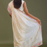 Cream Georgette Embroidery Saree With Scallop Border