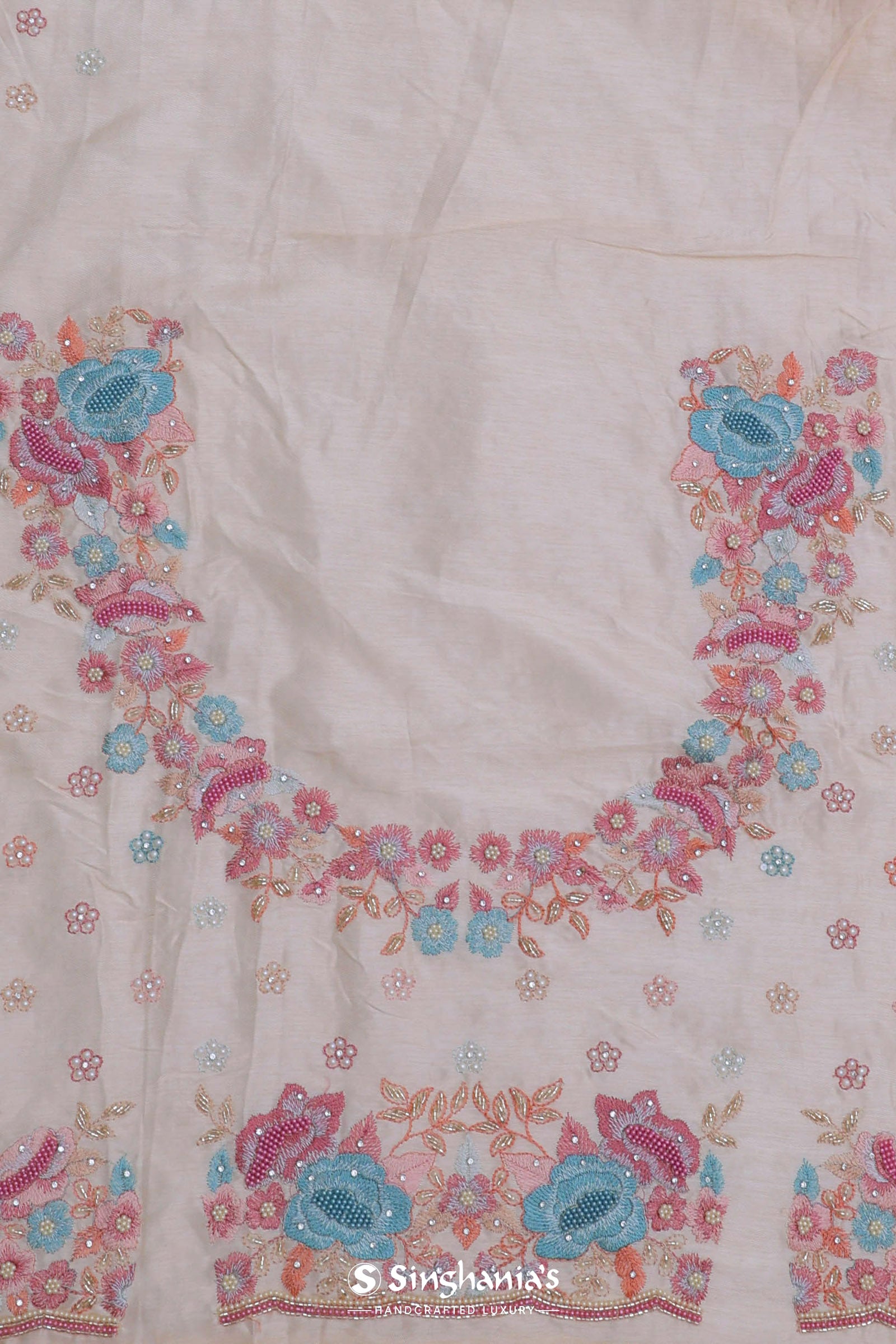 Cream Georgette Embroidery Saree With Scallop Border