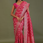 Dark Hot Pink Banarasi Embroidery Saree With Gold Zari Border