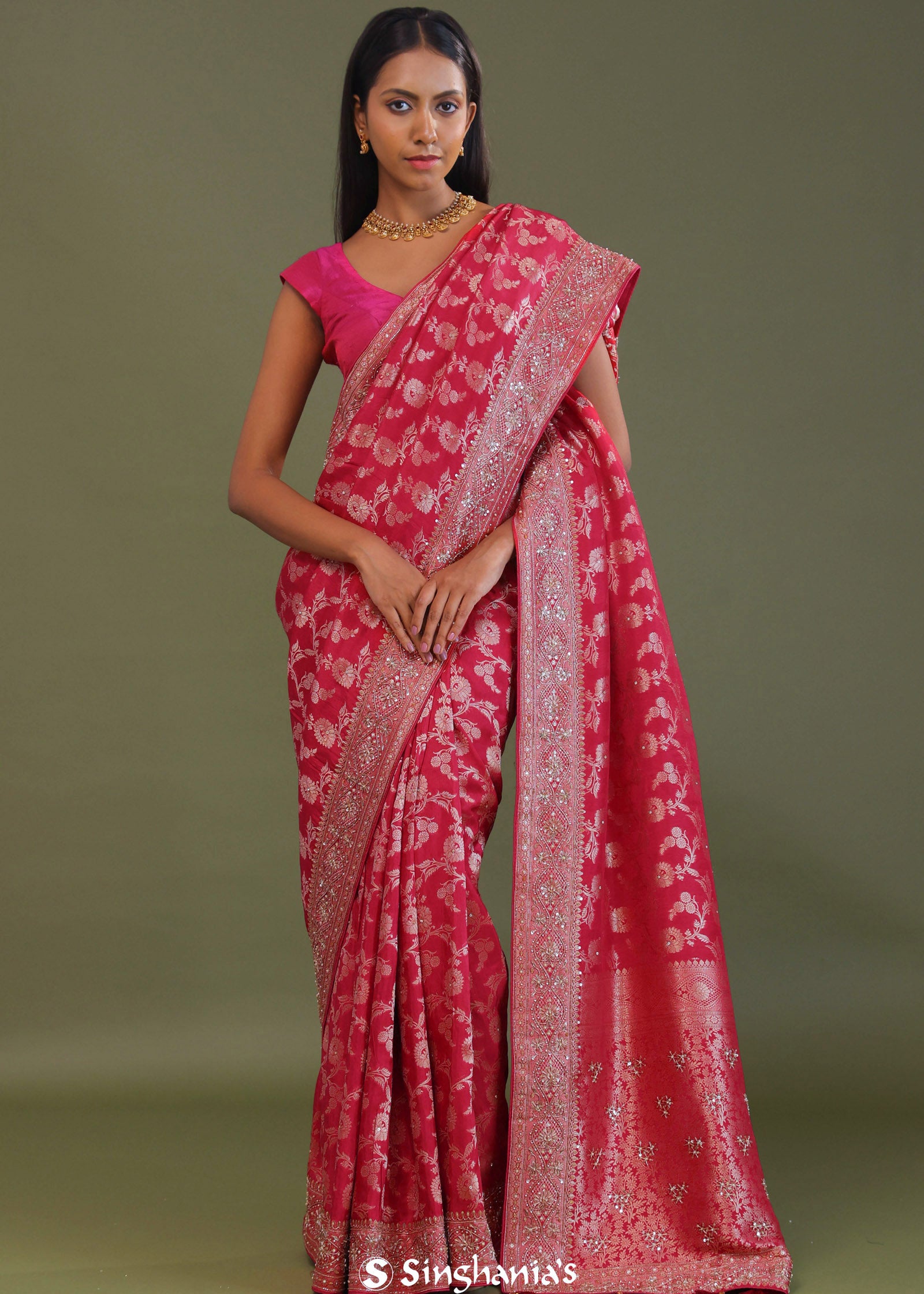 Dark Hot Pink Banarasi Embroidery Saree With Gold Zari Border