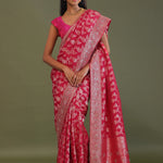 Dark Hot Pink Banarasi Embroidery Saree With Gold Zari Border