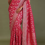 Dark Hot Pink Banarasi Embroidery Saree With Gold Zari Border
