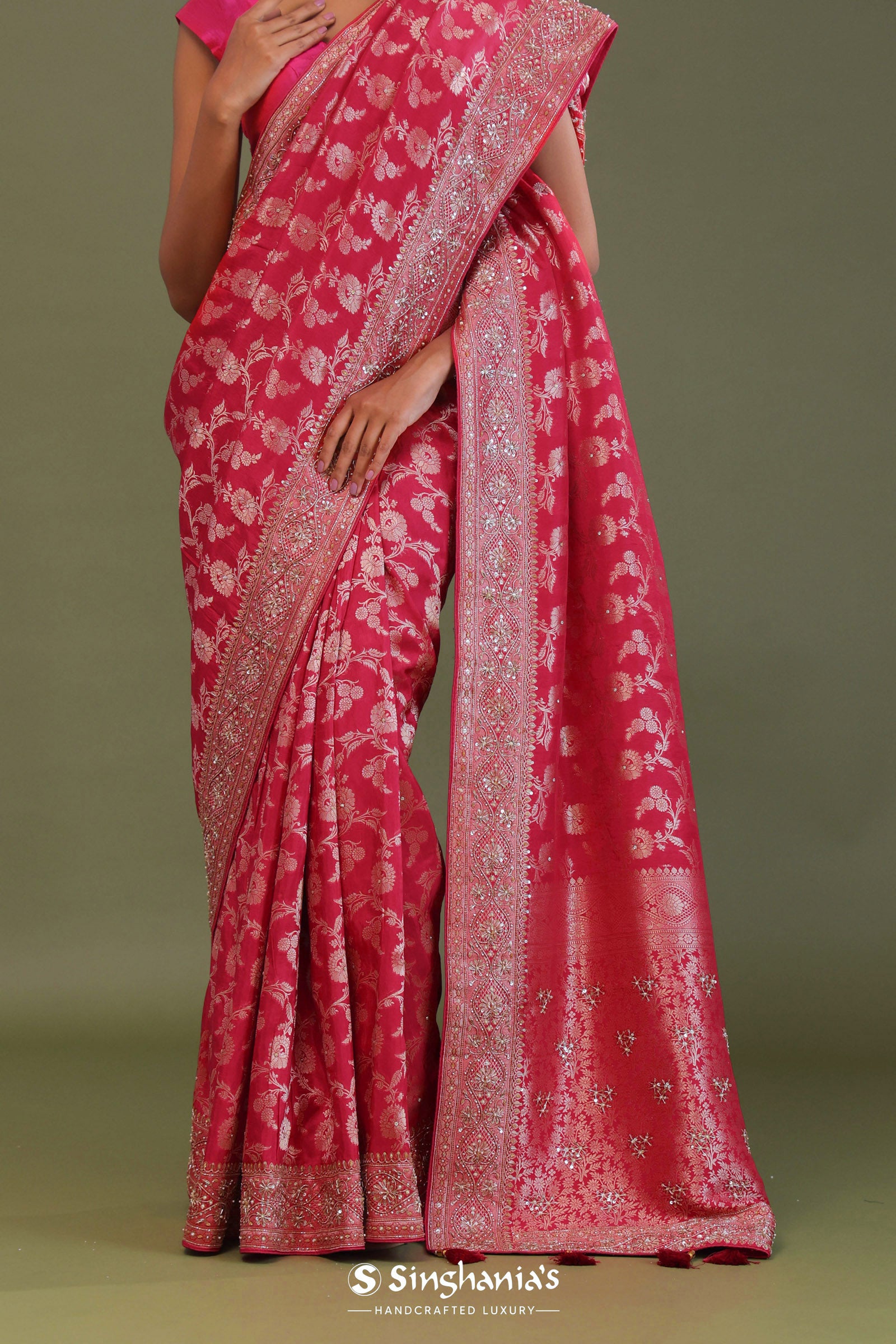 Dark Hot Pink Banarasi Embroidery Saree With Gold Zari Border