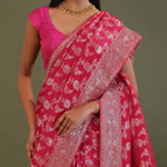 Dark Hot Pink Banarasi Embroidery Saree With Gold Zari Border
