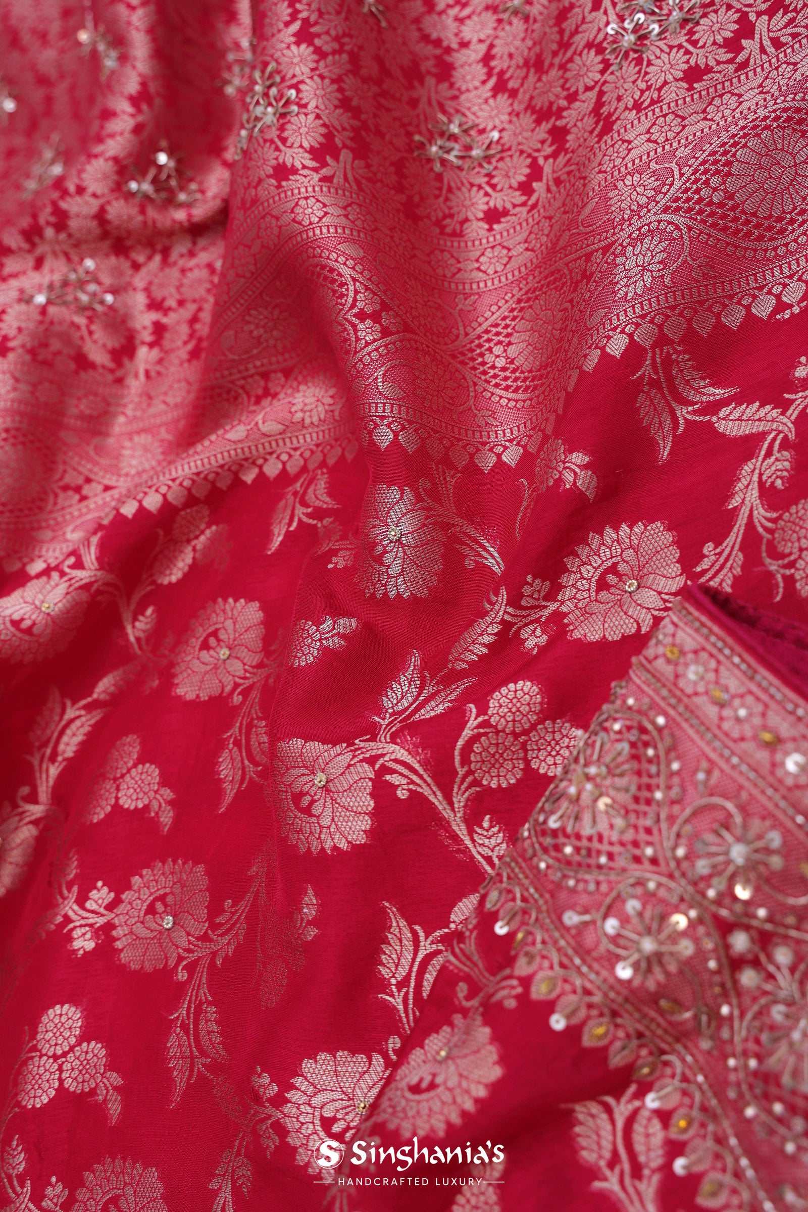 Dark Hot Pink Banarasi Embroidery Saree With Gold Zari Border