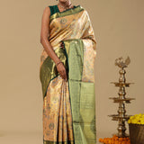 Antique Brass Orange Kanjivaram Tissue Saree With Green Border