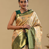 Antique Brass Orange Kanjivaram Tissue Saree With Green Border