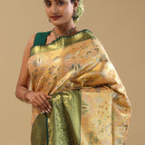 Antique Brass Orange Kanjivaram Tissue Saree With Green Border