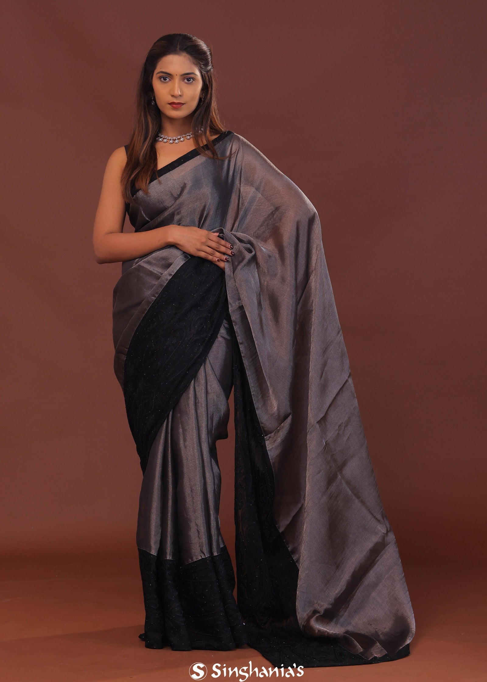 Grey Organza Saree With Embroidery Work