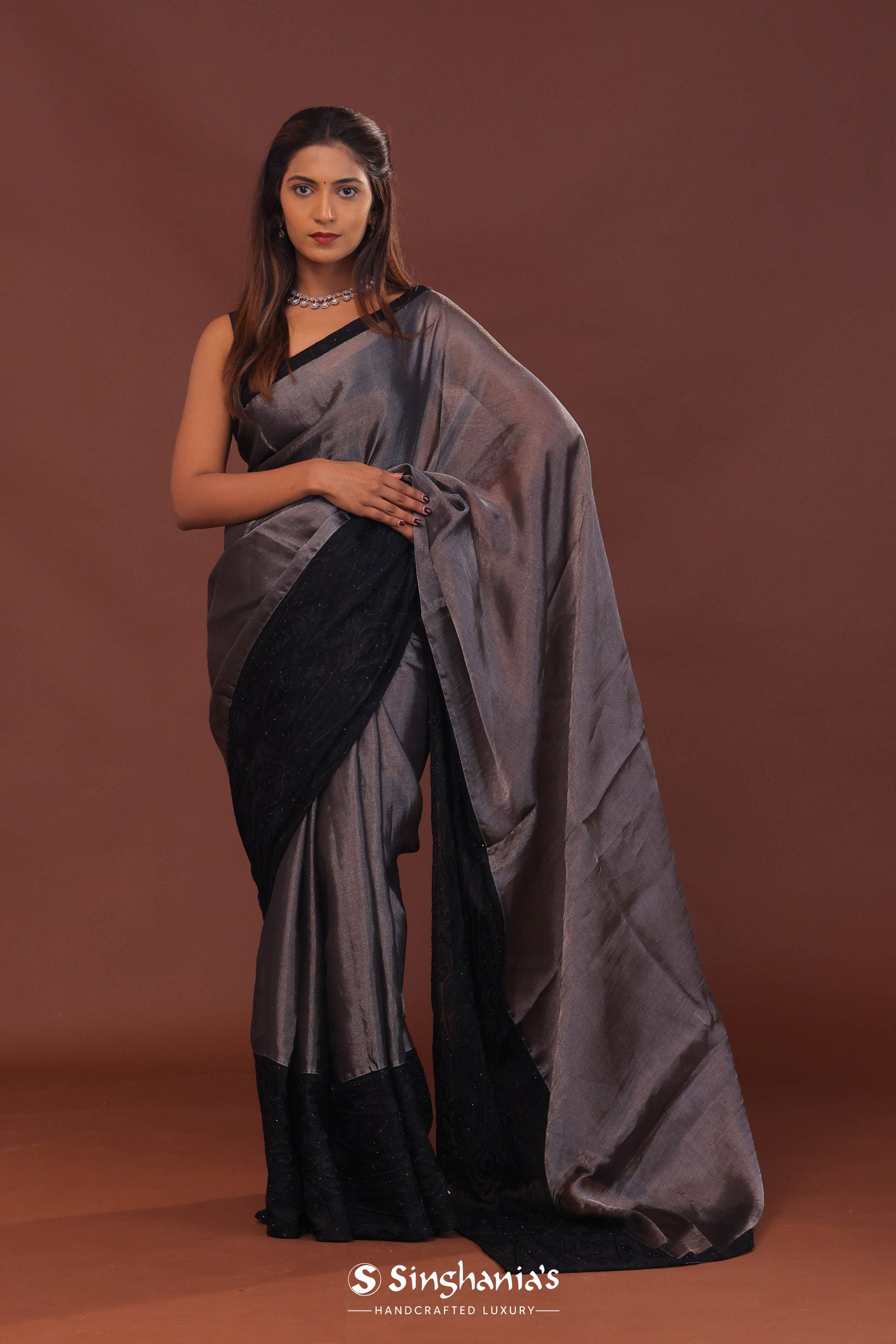 Grey Organza Saree With Embroidery Work