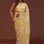 Macaroon Yellow Organza Embroidery Saree With Scallop Border