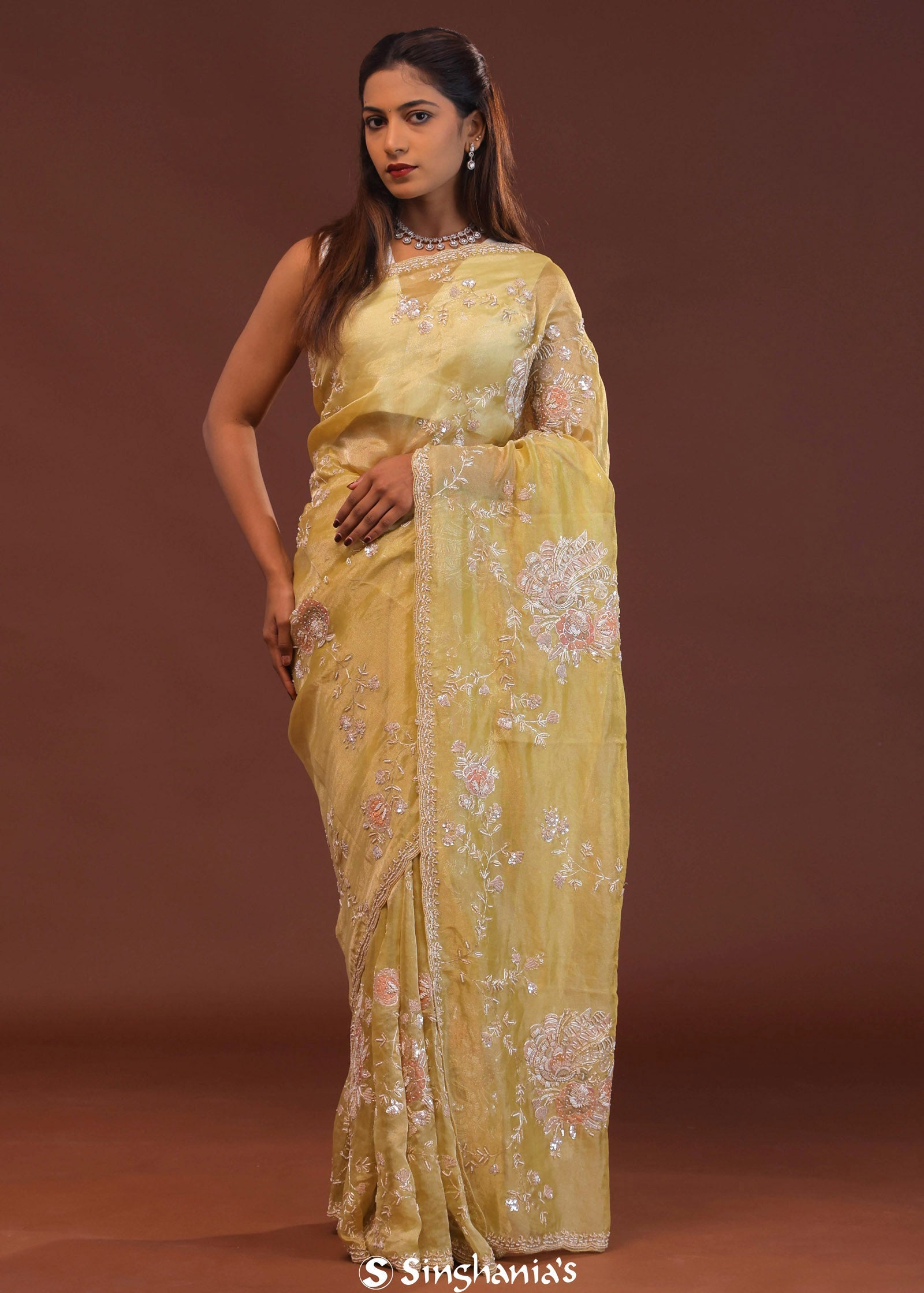 Macaroon Yellow Organza Embroidery Saree With Scallop Border