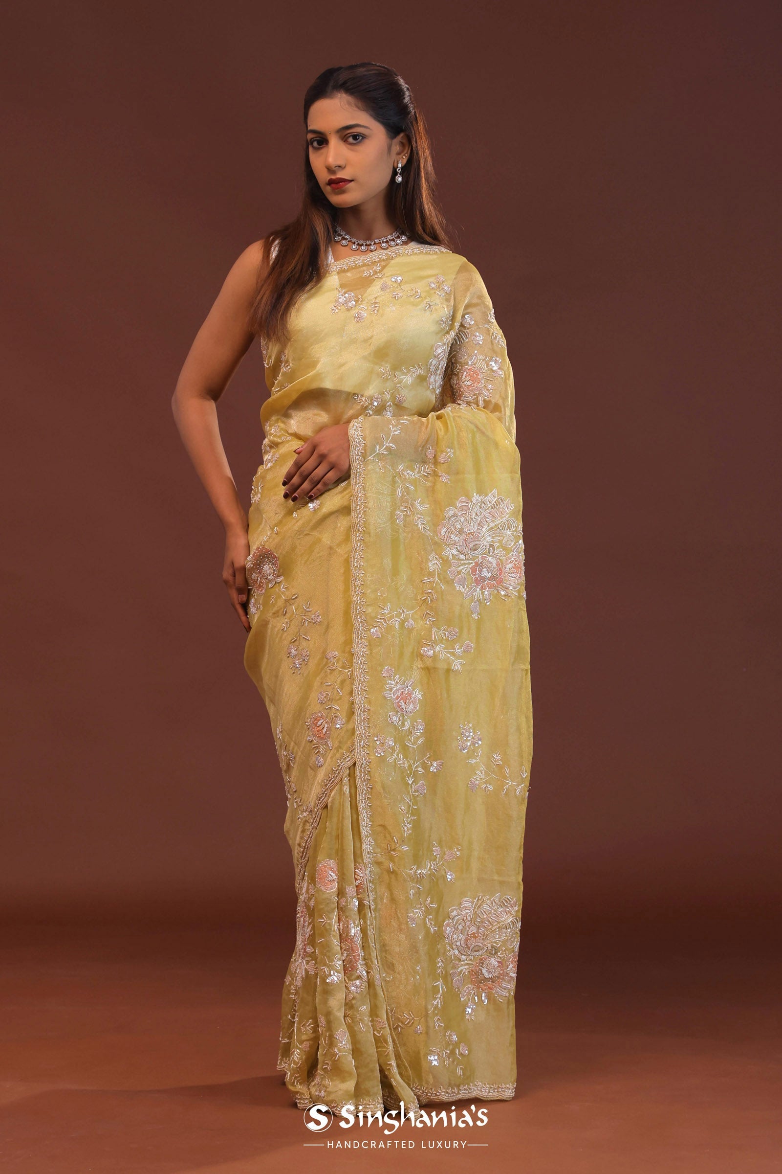 Macaroon Yellow Organza Embroidery Saree With Scallop Border