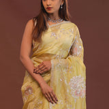 Macaroon Yellow Organza Embroidery Saree With Scallop Border