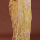 Macaroon Yellow Organza Embroidery Saree With Scallop Border