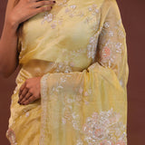 Macaroon Yellow Organza Embroidery Saree With Scallop Border