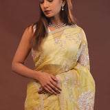 Macaroon Yellow Organza Embroidery Saree With Scallop Border