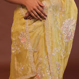 Macaroon Yellow Organza Embroidery Saree With Scallop Border