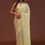 Light Yellow Organza Embroidery Saree With Scallop Border