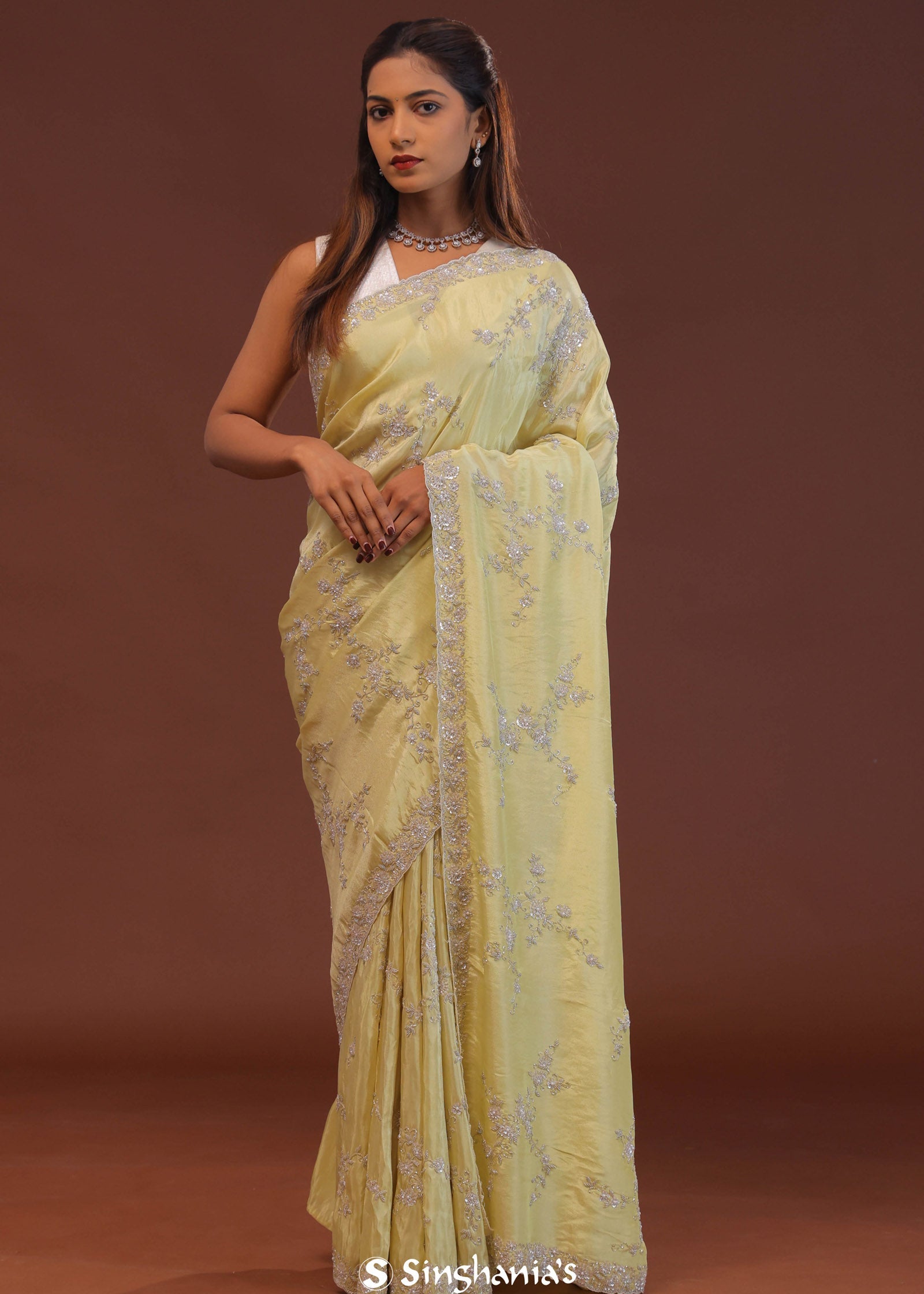 Light Yellow Organza Embroidery Saree With Scallop Border
