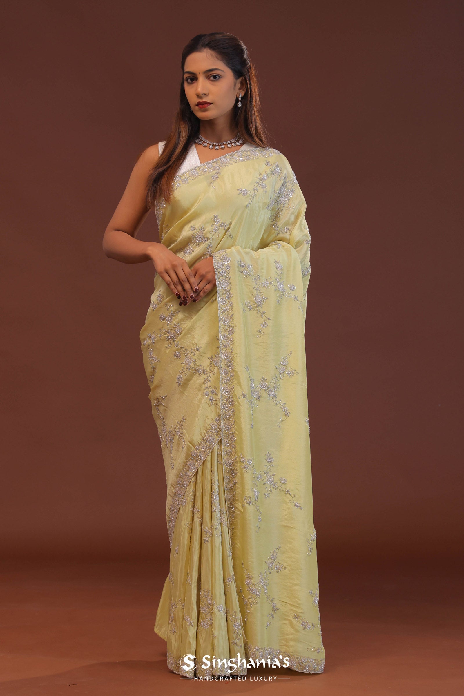 Light Yellow Organza Embroidery Saree With Scallop Border