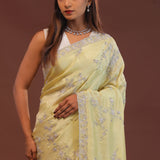 Light Yellow Organza Embroidery Saree With Scallop Border