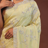 Light Yellow Organza Embroidery Saree With Scallop Border