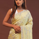 Light Yellow Organza Embroidery Saree With Scallop Border