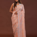 Peach Organza Embriodery Saree With Scallop Border