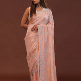 Peach Organza Embriodery Saree With Scallop Border
