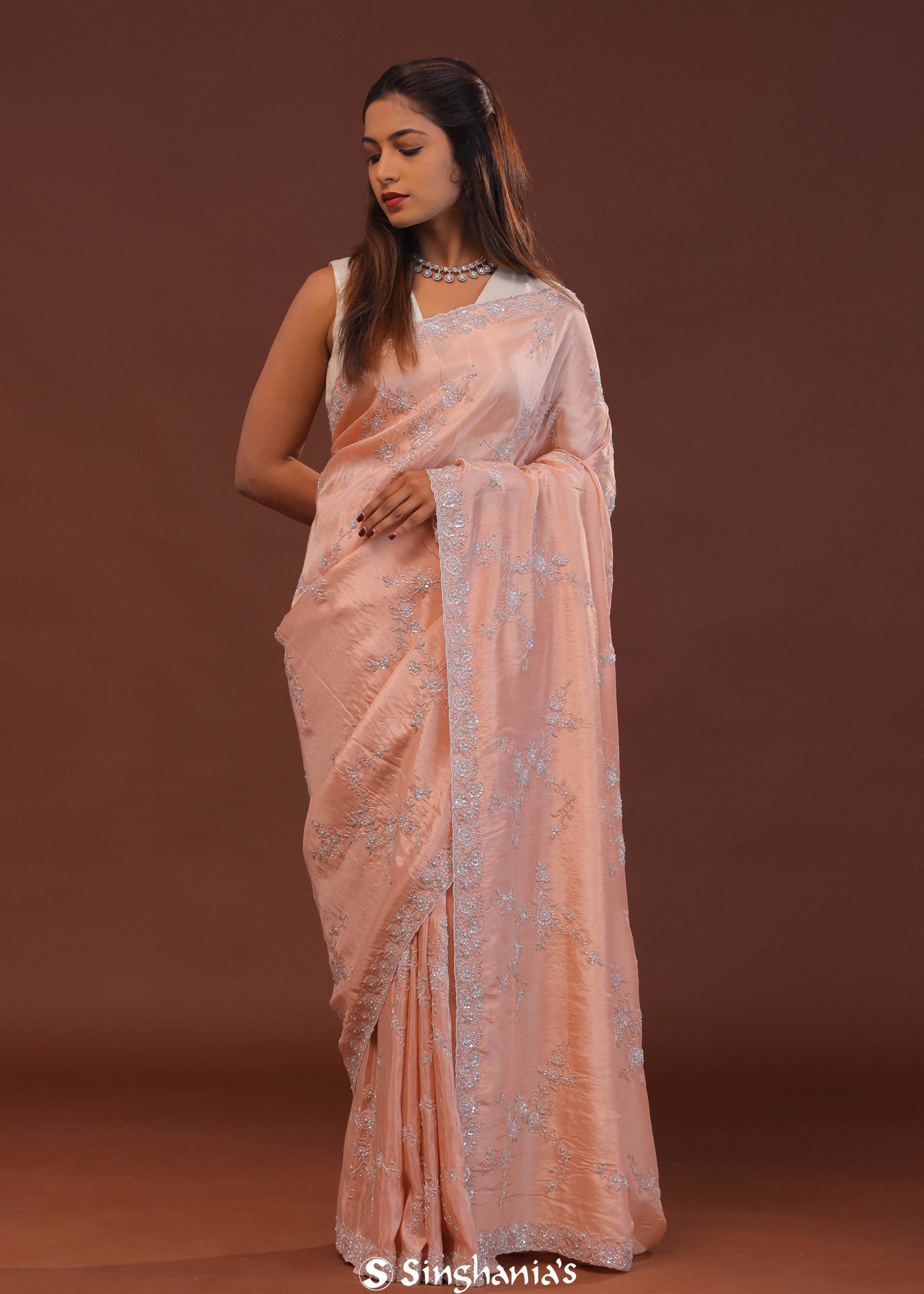 Peach Organza Embriodery Saree With Scallop Border