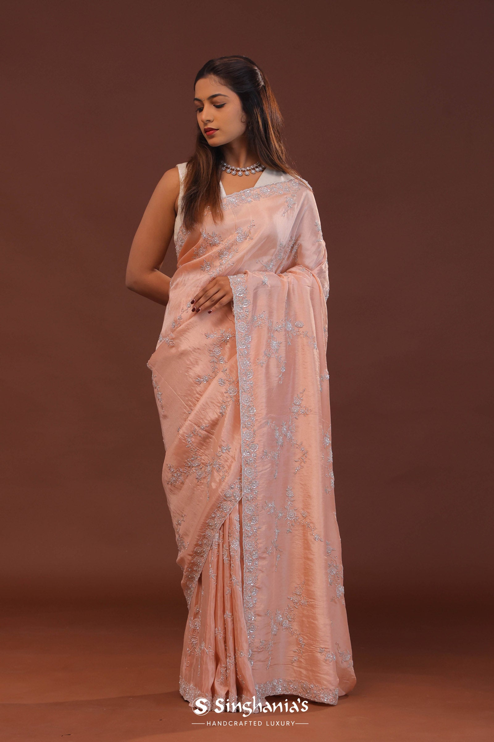 Peach Organza Embriodery Saree With Scallop Border