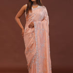 Peach Organza Embriodery Saree With Scallop Border