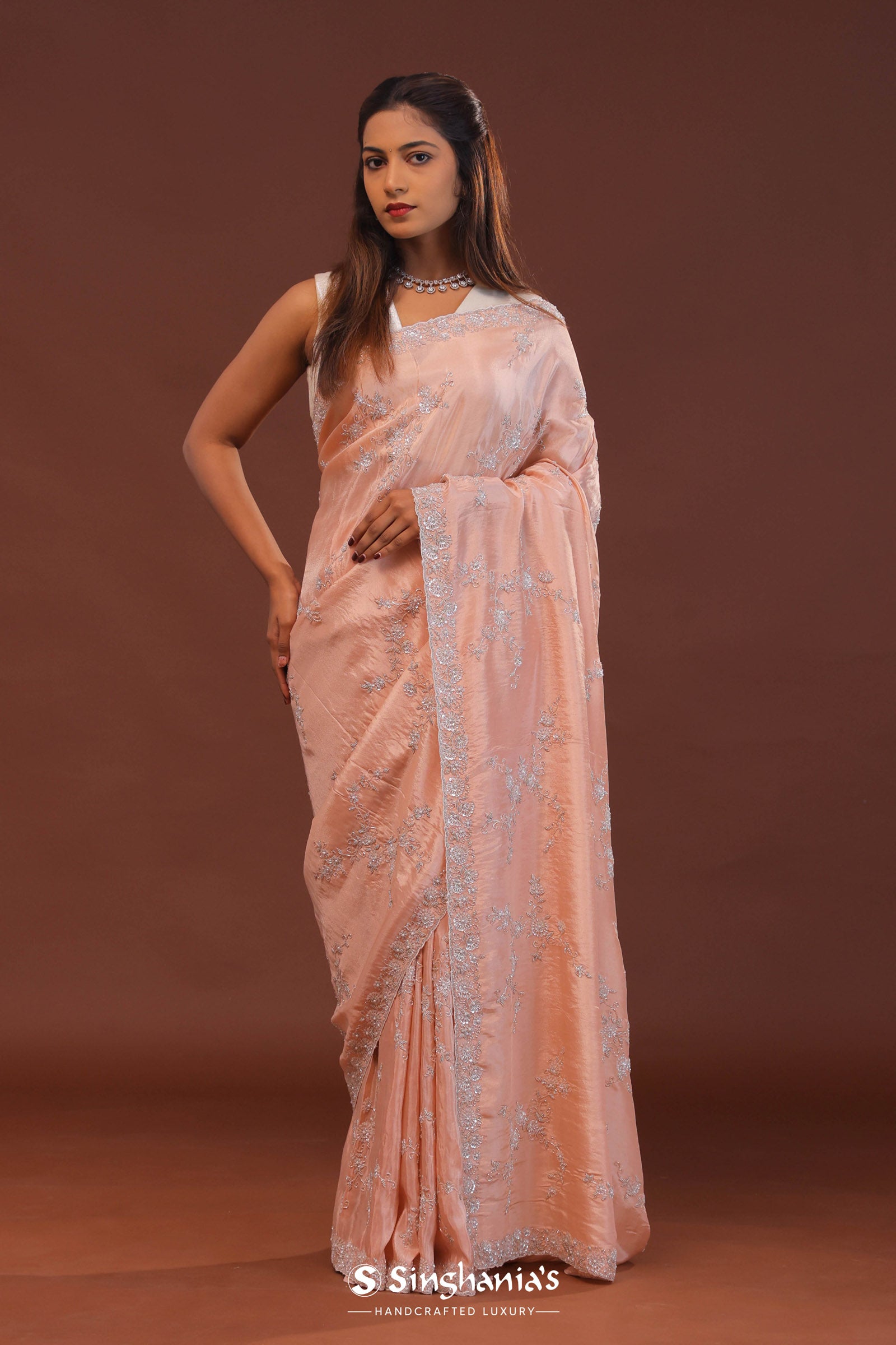 Peach Organza Embriodery Saree With Scallop Border