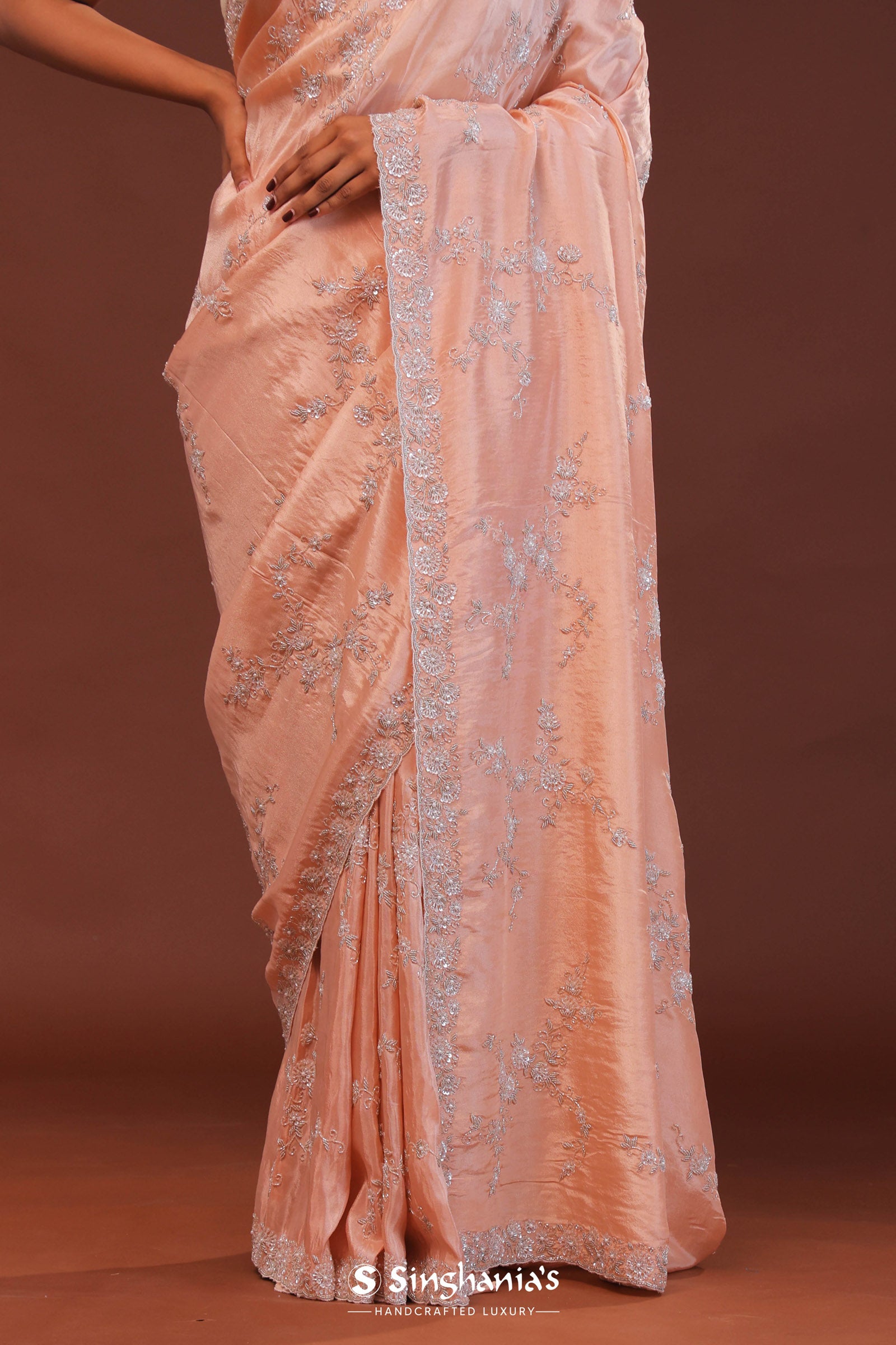 Peach Organza Embriodery Saree With Scallop Border
