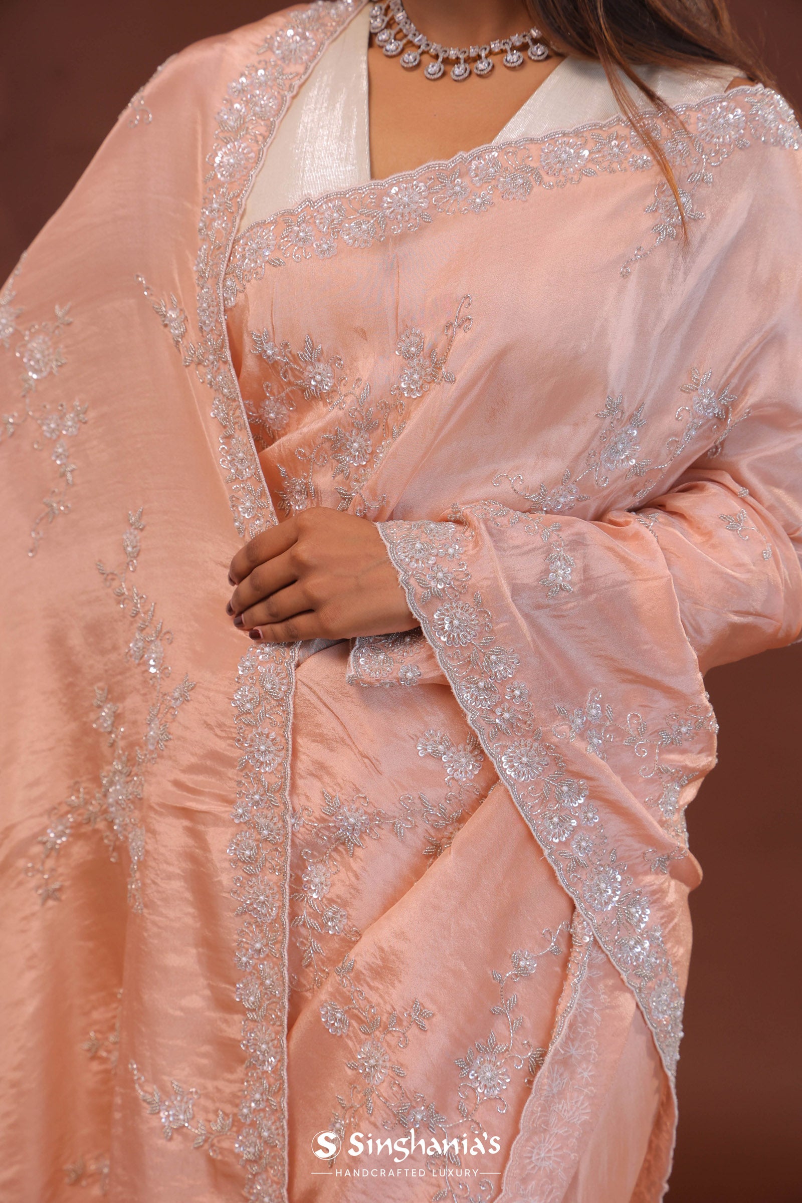 Peach Organza Embriodery Saree With Scallop Border