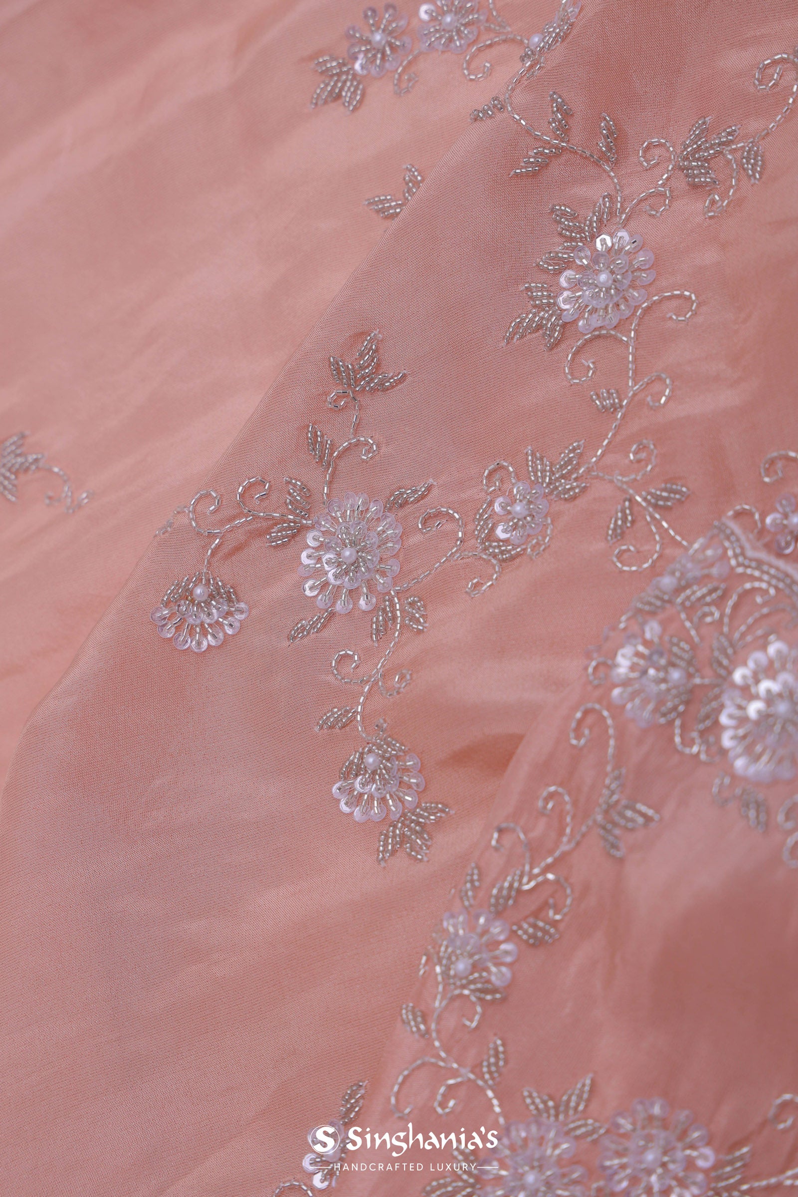 Peach Organza Embriodery Saree With Scallop Border