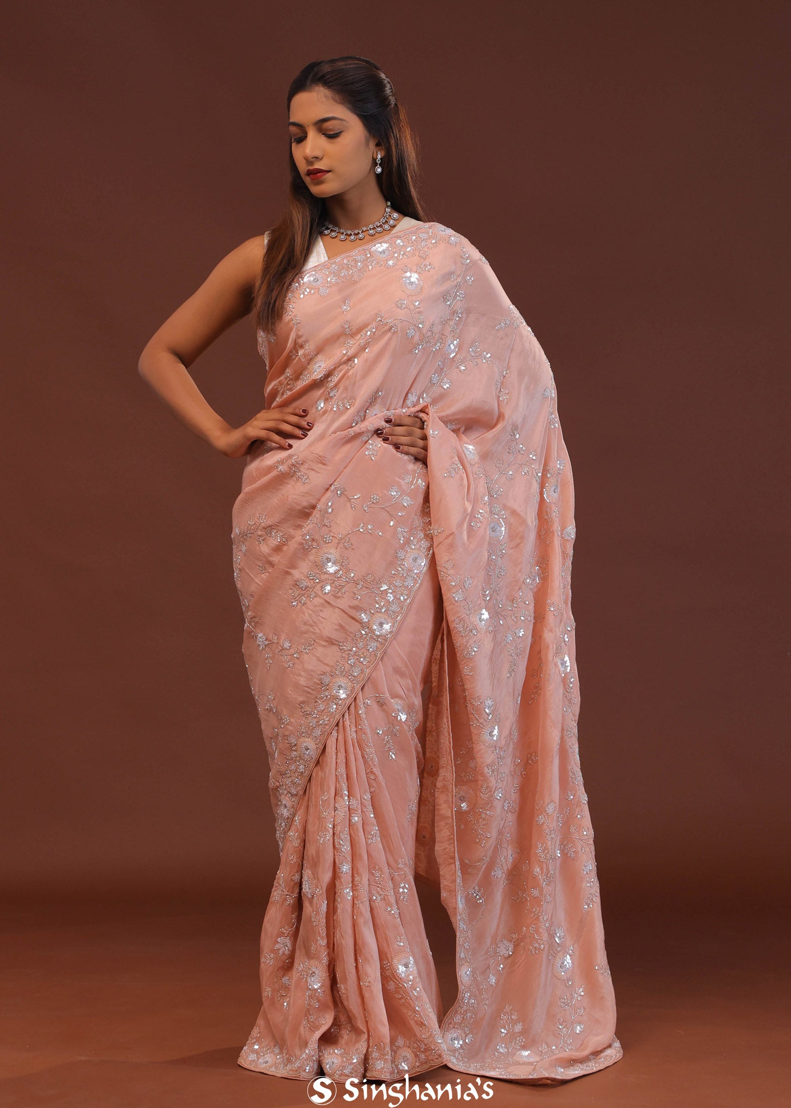 Peachy Pink Embroidery Saree With Scallop Border