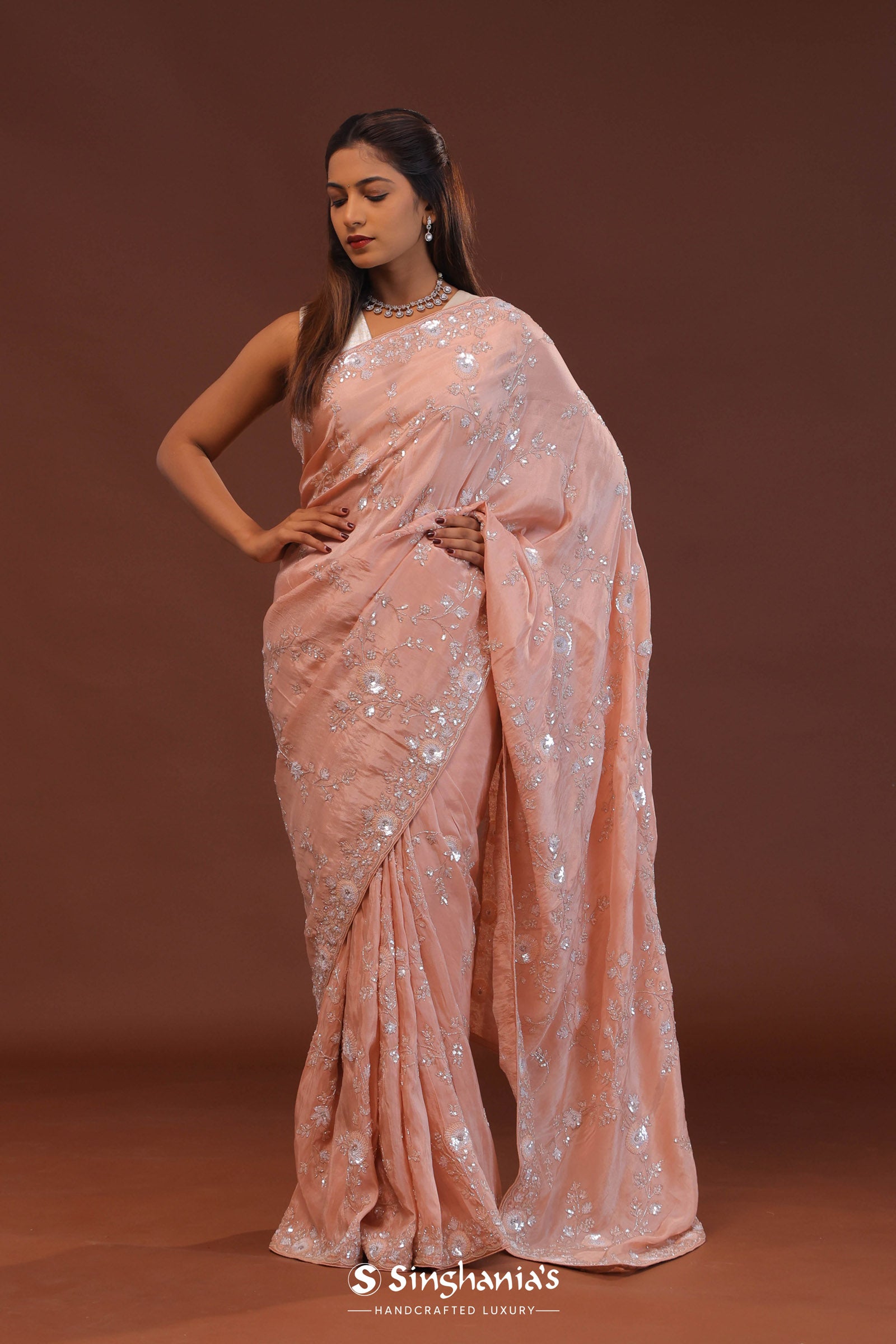 Peachy Pink Embroidery Saree With Scallop Border