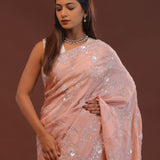 Peachy Pink Embroidery Saree With Scallop Border
