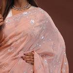 Peachy Pink Embroidery Saree With Scallop Border