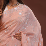 Peachy Pink Embroidery Saree With Scallop Border
