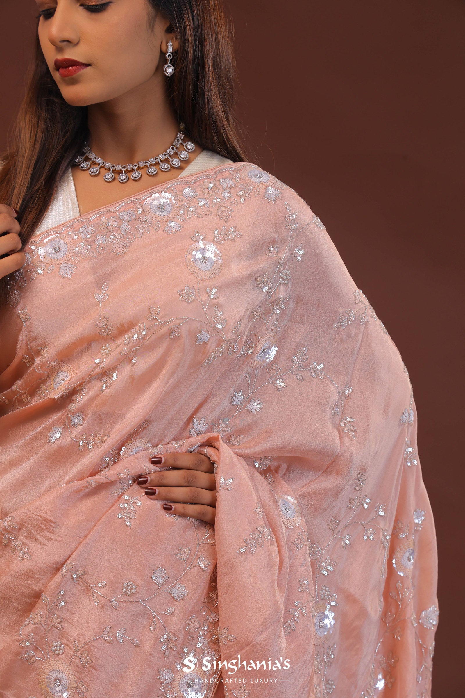 Peachy Pink Embroidery Saree With Scallop Border