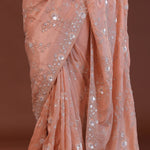 Peachy Pink Embroidery Saree With Scallop Border